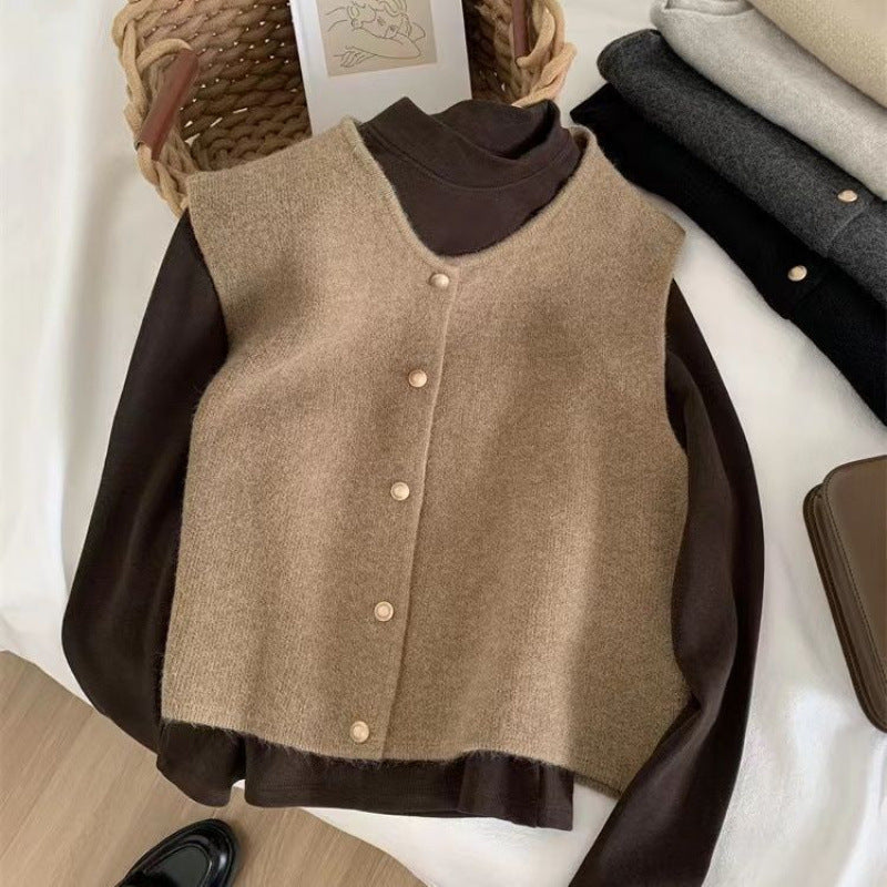 Womens Knitted V Neck Vest With Small Gold Buttons Single Breasted Cardigan Top