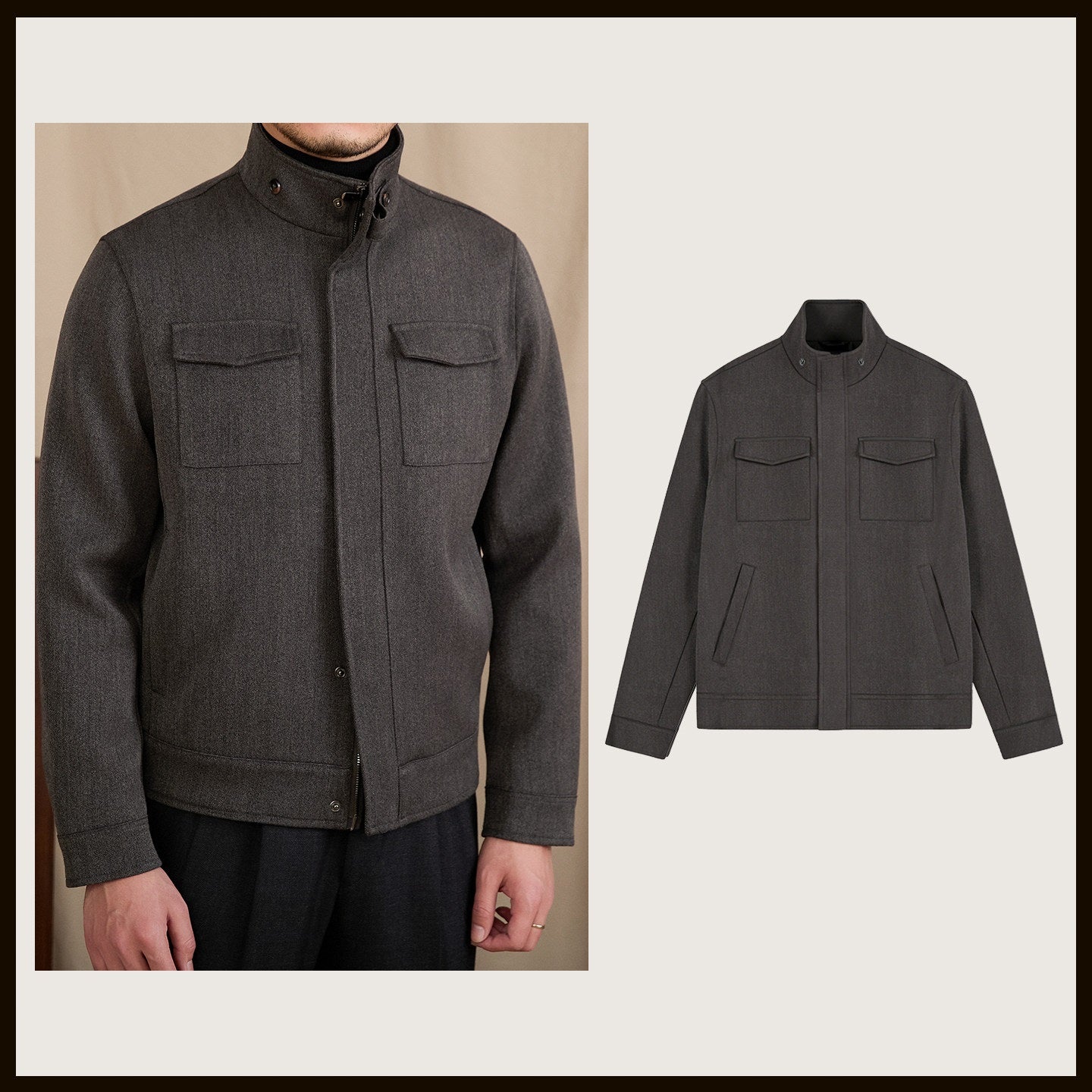 Manteau court et décontracté en laine mélangée avec col montant