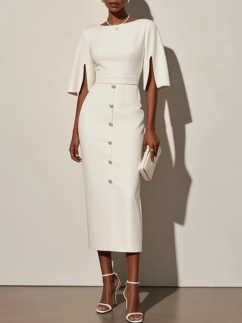 Summer Solid-Color Crew-Neck Defined-Waist Dress With Slit And Buttons