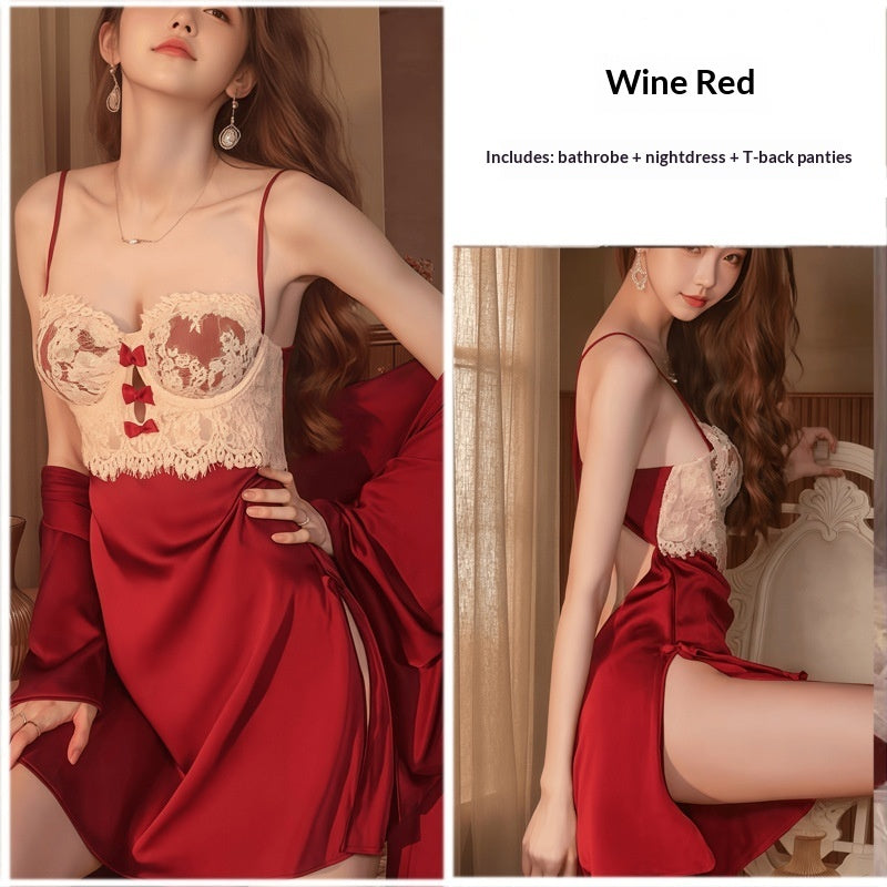 Ensemble peignoir et débardeur à armatures en dentelle et soie glacée pour femmes grandes tailles