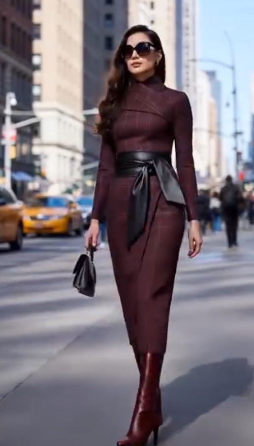 Robe élégante et sophistiquée pour femme, taille large et ceinture.