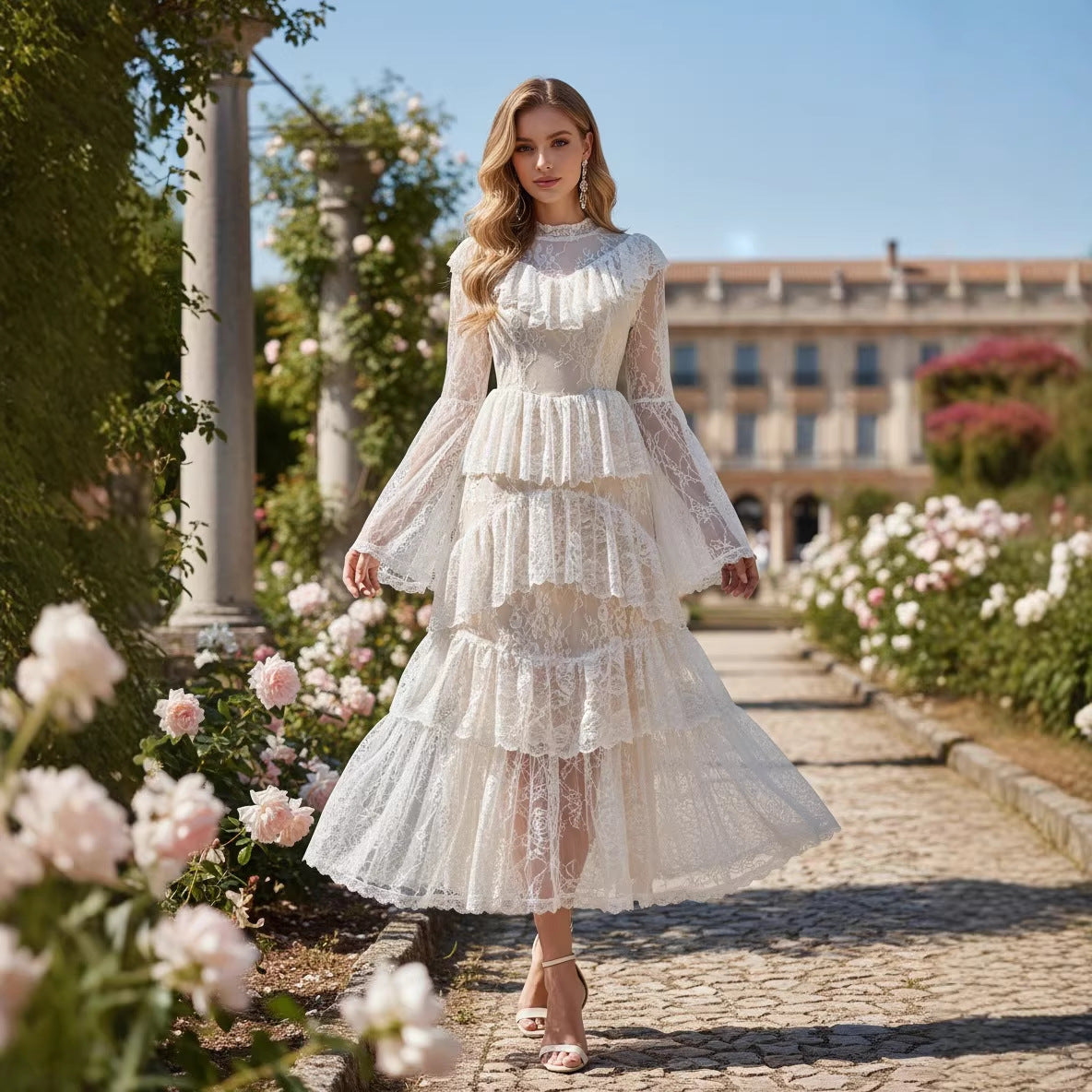 Robe longue à col montant et volants brodés