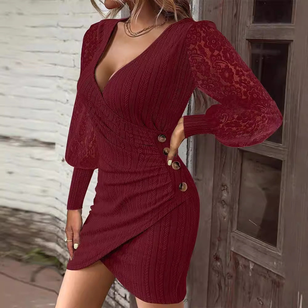 Robe sexy unie d'automne à col en V et coupe ajustée