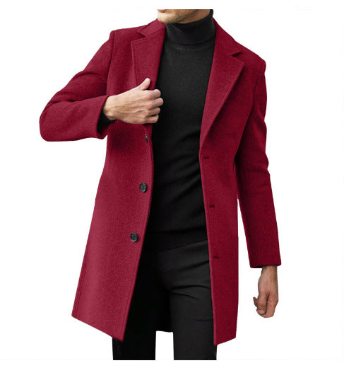 Manteau mi-long en laine à manches longues pour homme, idéal pour l'automne et l'hiver.