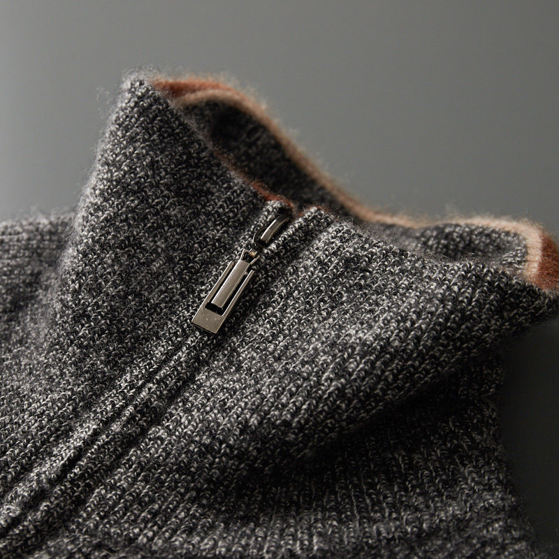 Gilet cardigan homme à col montant, fermeture éclair et fermoir lingot, rayures horizontales