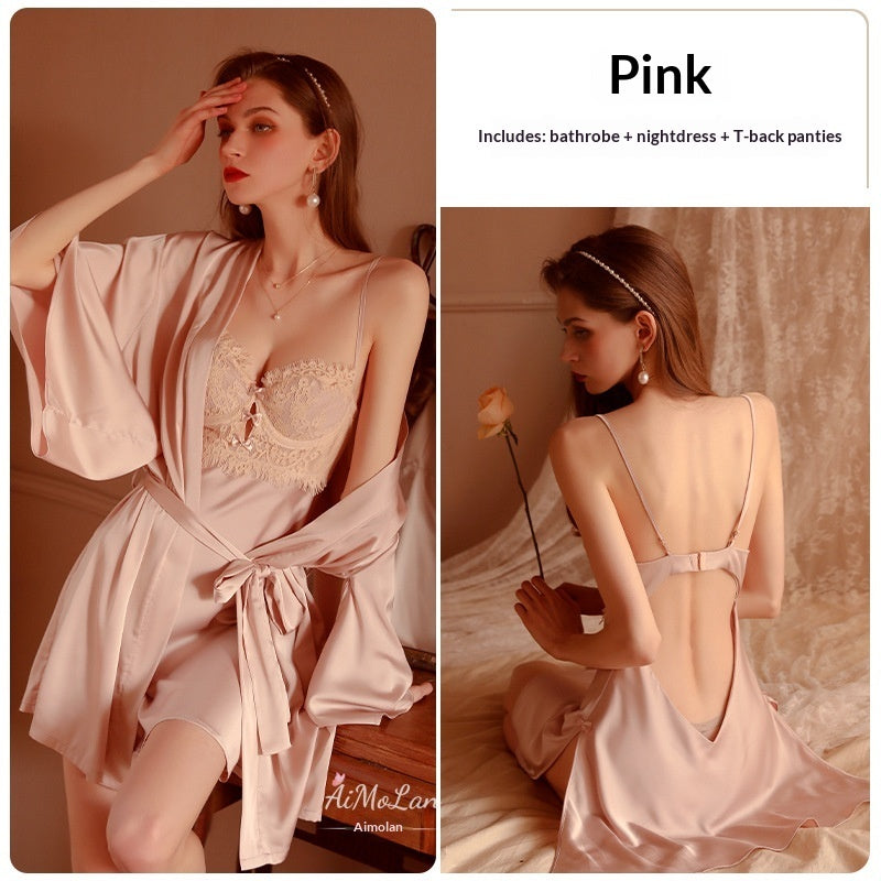 Ensemble peignoir et débardeur à armatures en dentelle et soie glacée pour femmes grandes tailles