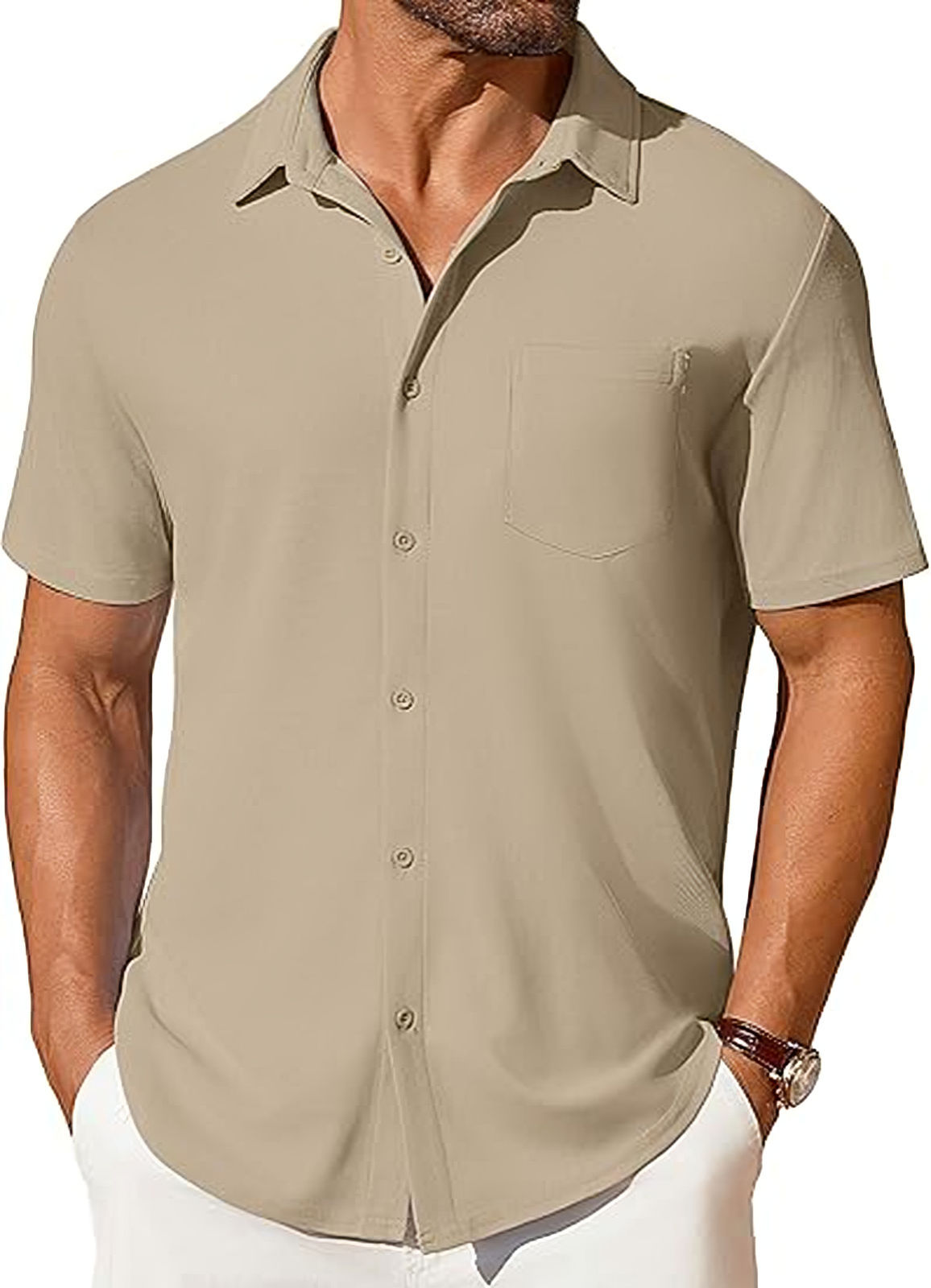 Chemise à manches courtes pour homme, boutonnée, infroissable et indéformable