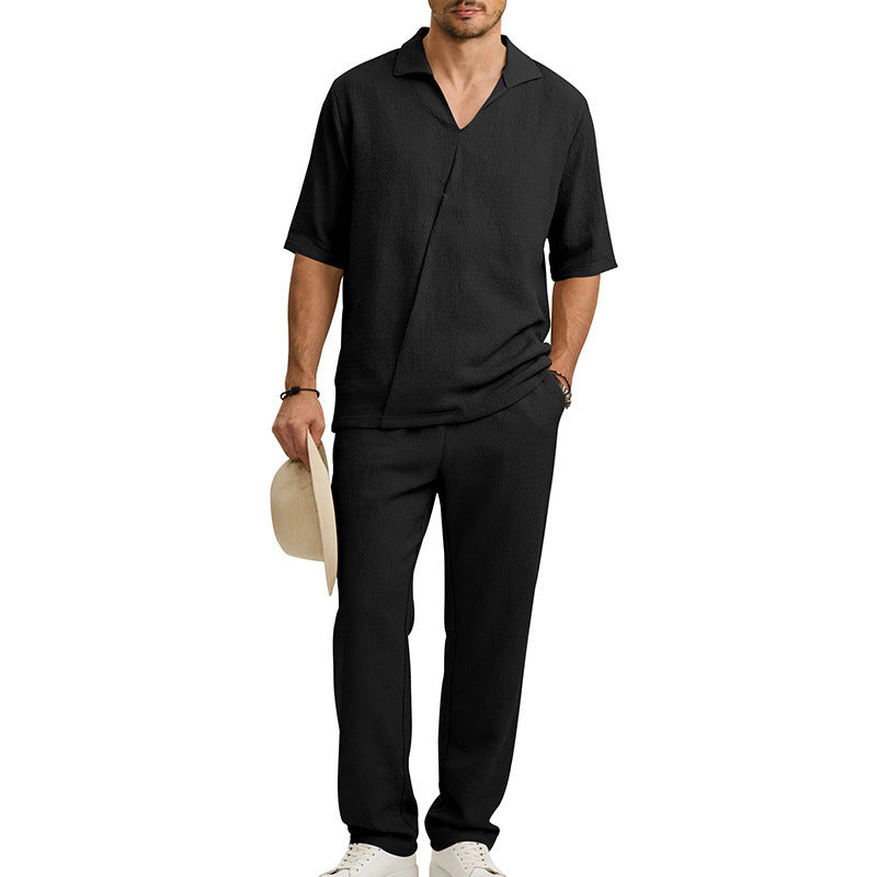 Mens Lapel Short-Sleeve Shirt And Pants Suit