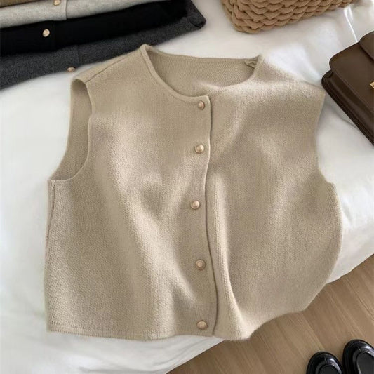 Gilet cardigan femme en maille à col V et petits boutons dorés, coupe droite