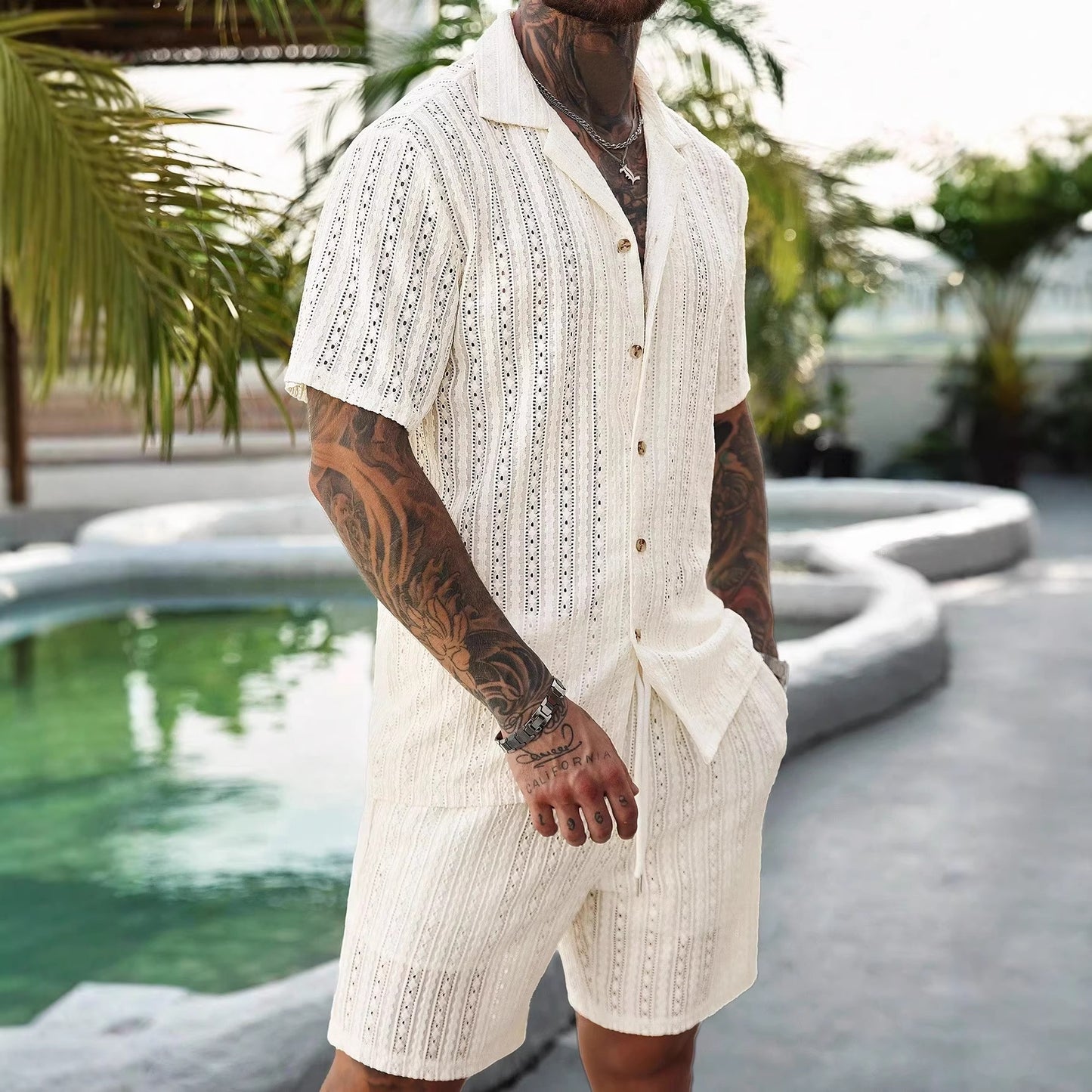 Ensemble chemise à manches courtes et short respirant ajouré pour homme