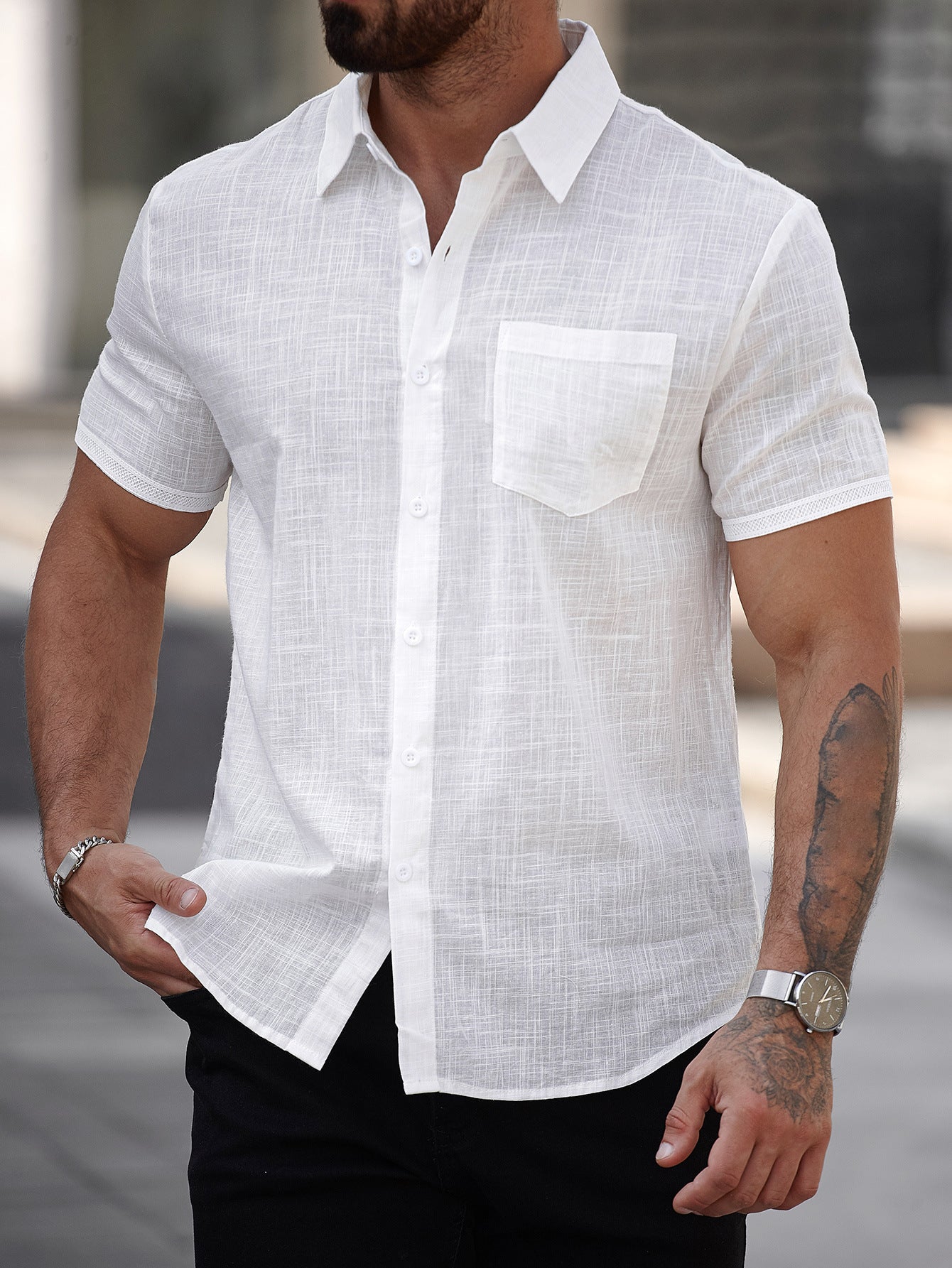 Chemise en coton à manches courtes pour homme avec poche