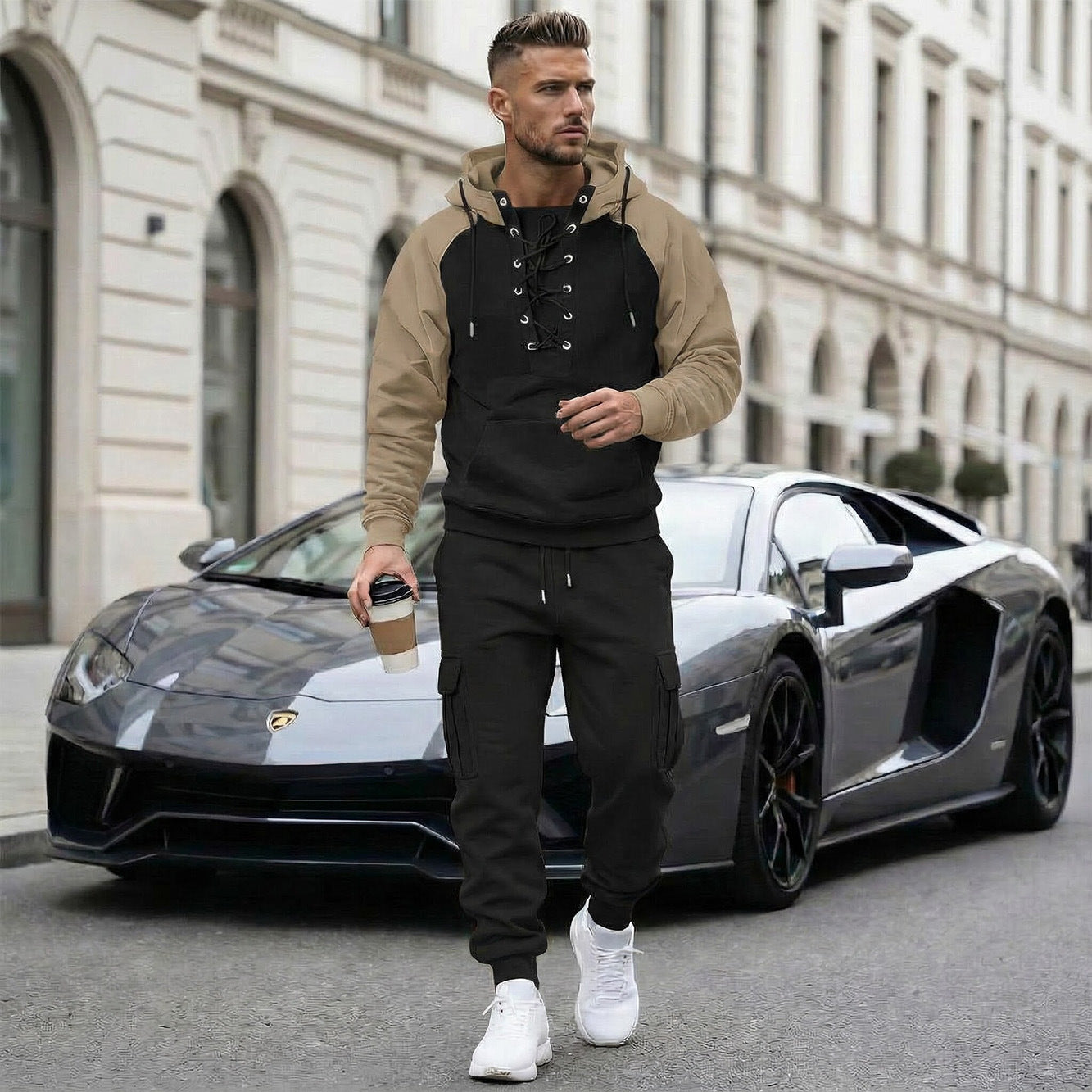 Pantalon cargo doublé polaire, manches raglan et multiples poches