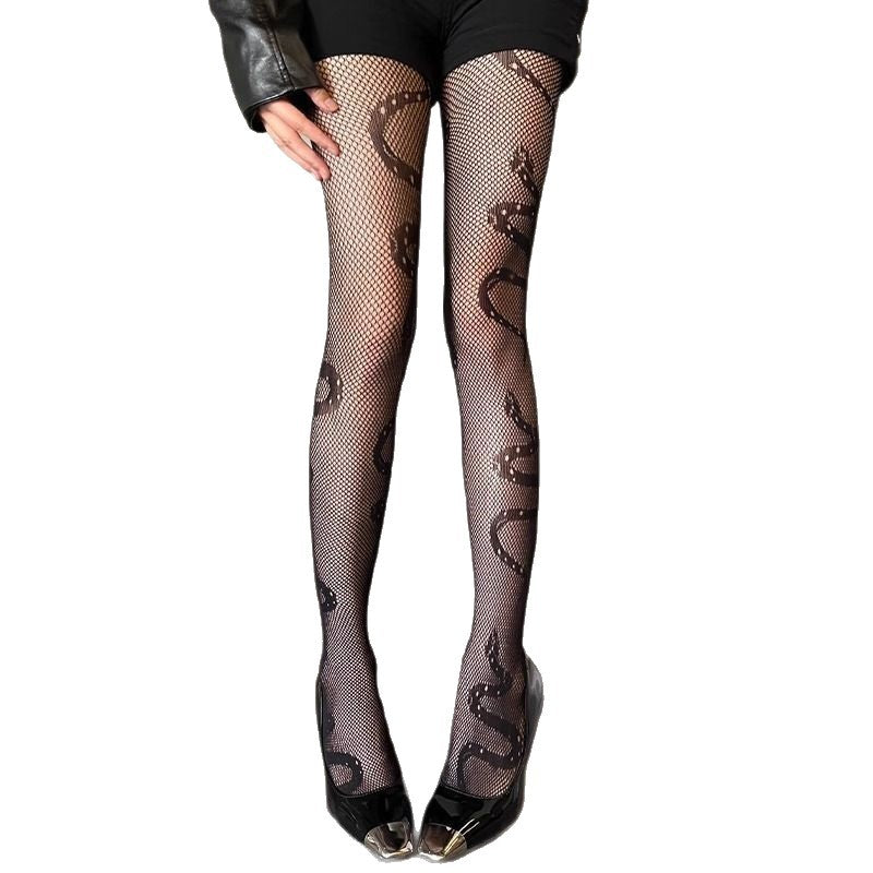 Leggings noirs polyvalents en résille pour le printemps-été avec imprimé serpent ajouré