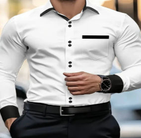 Mens Casual Solid-Color Pocket Long-Sleeve Shirt