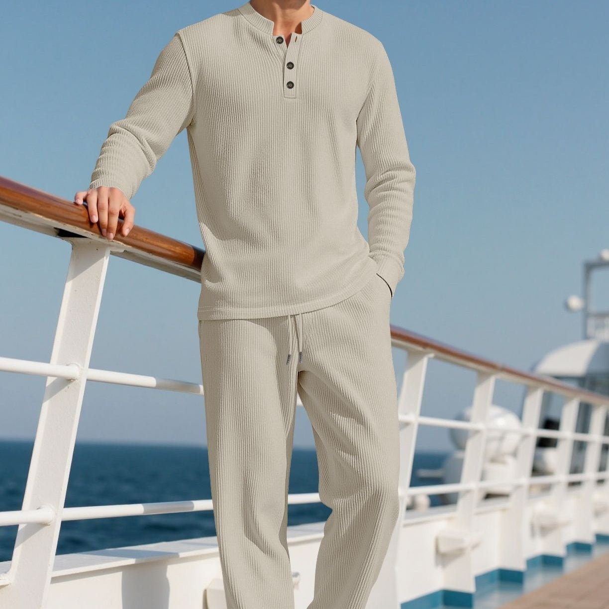 Ensemble pantalon et chemise à manches longues pour homme, couleur unie décontractée, col rond et boutons