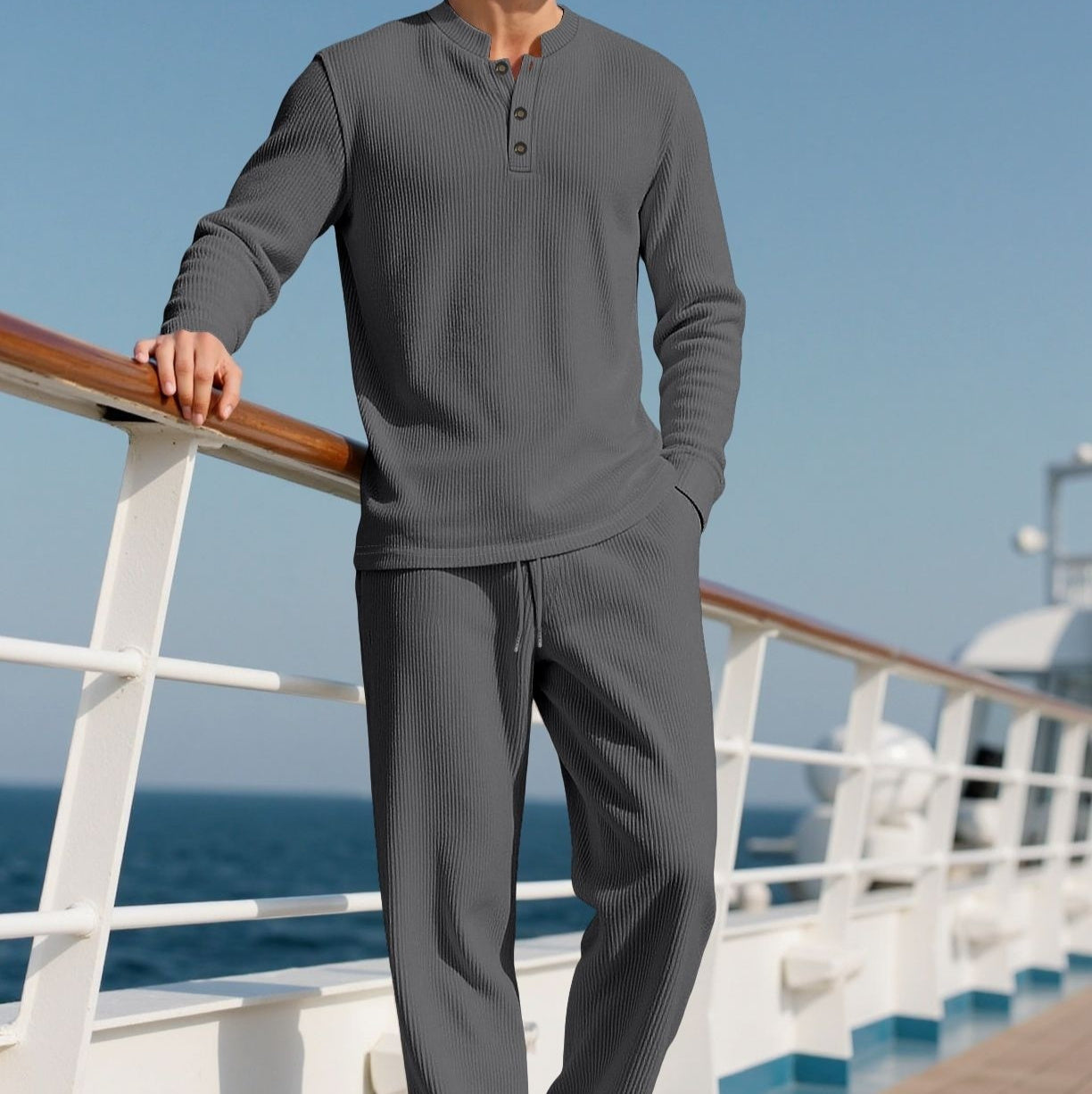 Ensemble pantalon et chemise à manches longues pour homme, couleur unie décontractée, col rond et boutons