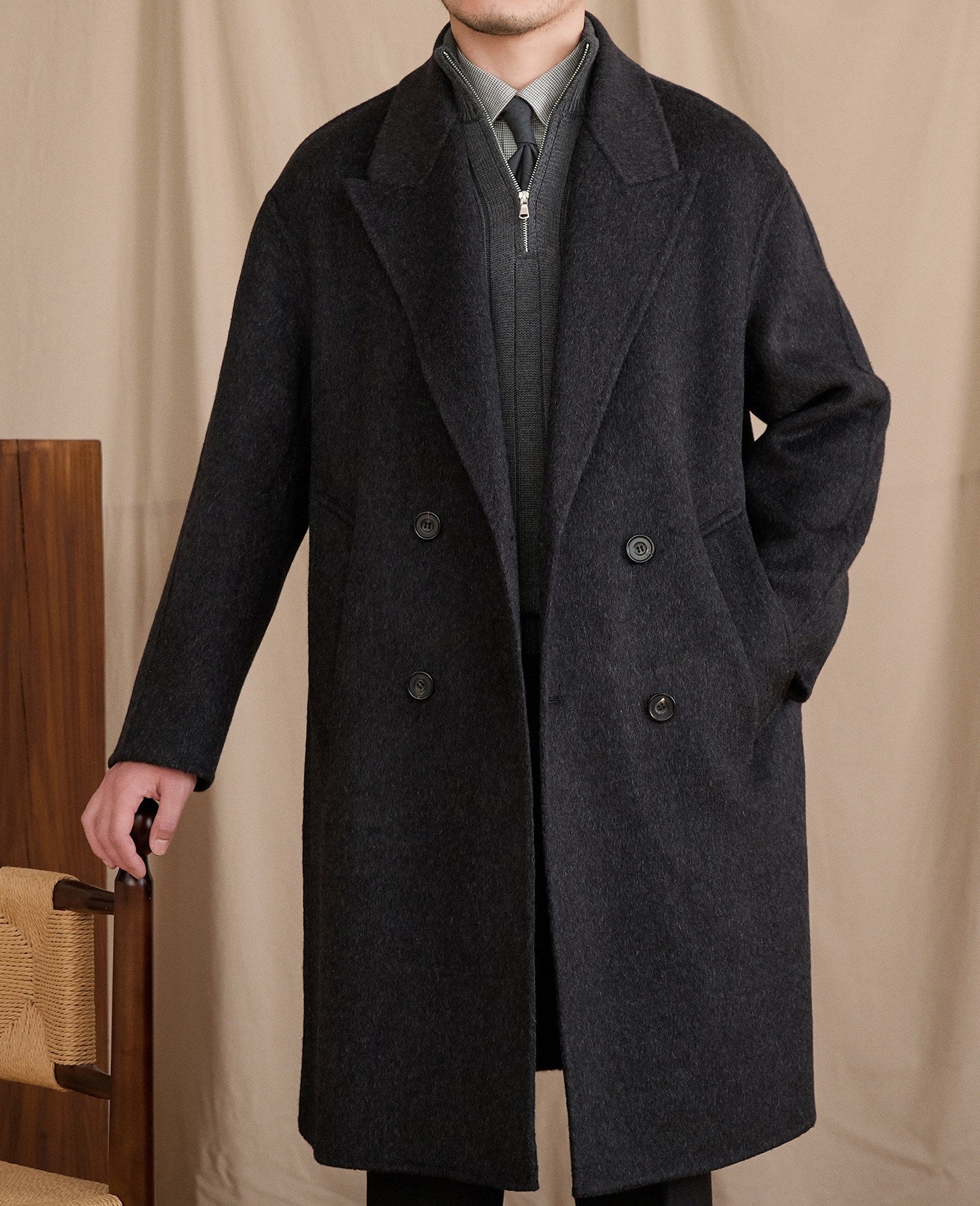Manteau mi-long ample et décontracté en laine