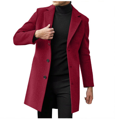 Manteau mi-long en laine à manches longues pour homme, idéal pour l'automne et l'hiver.