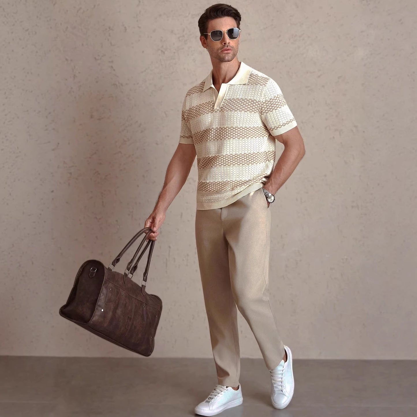 Polo rayé à manches courtes en maille pour homme