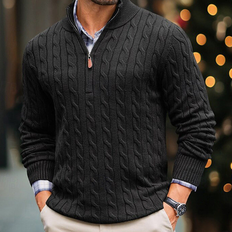Mens Slim-fit Knitted Zip-up Mock-neck Long-sleeve Sweater