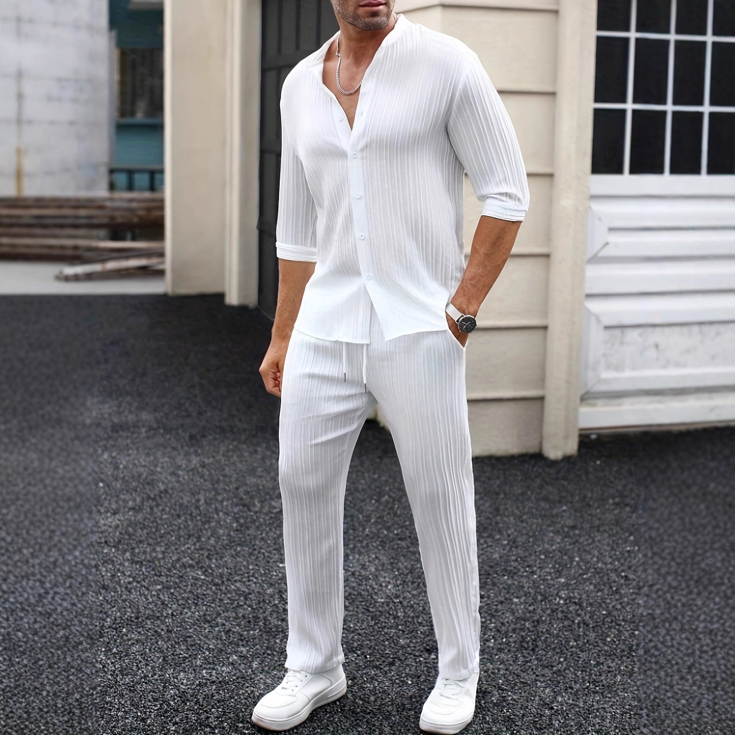 Ensemble chemise et pantalon uni pour homme, printemps-été