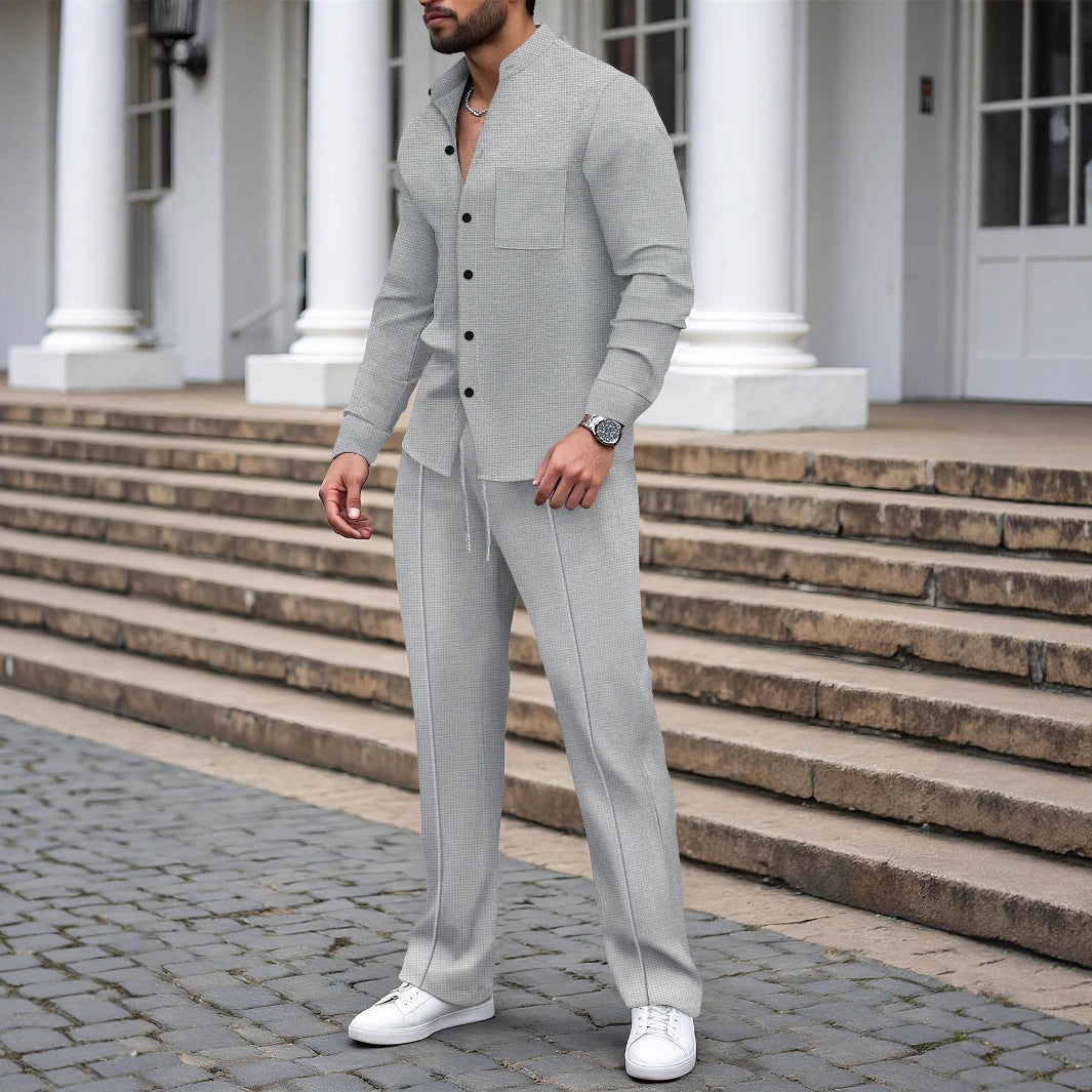 Waffle-textured Solid-color Stand-collar Shirt And Long-sleeve Pants Casual Set