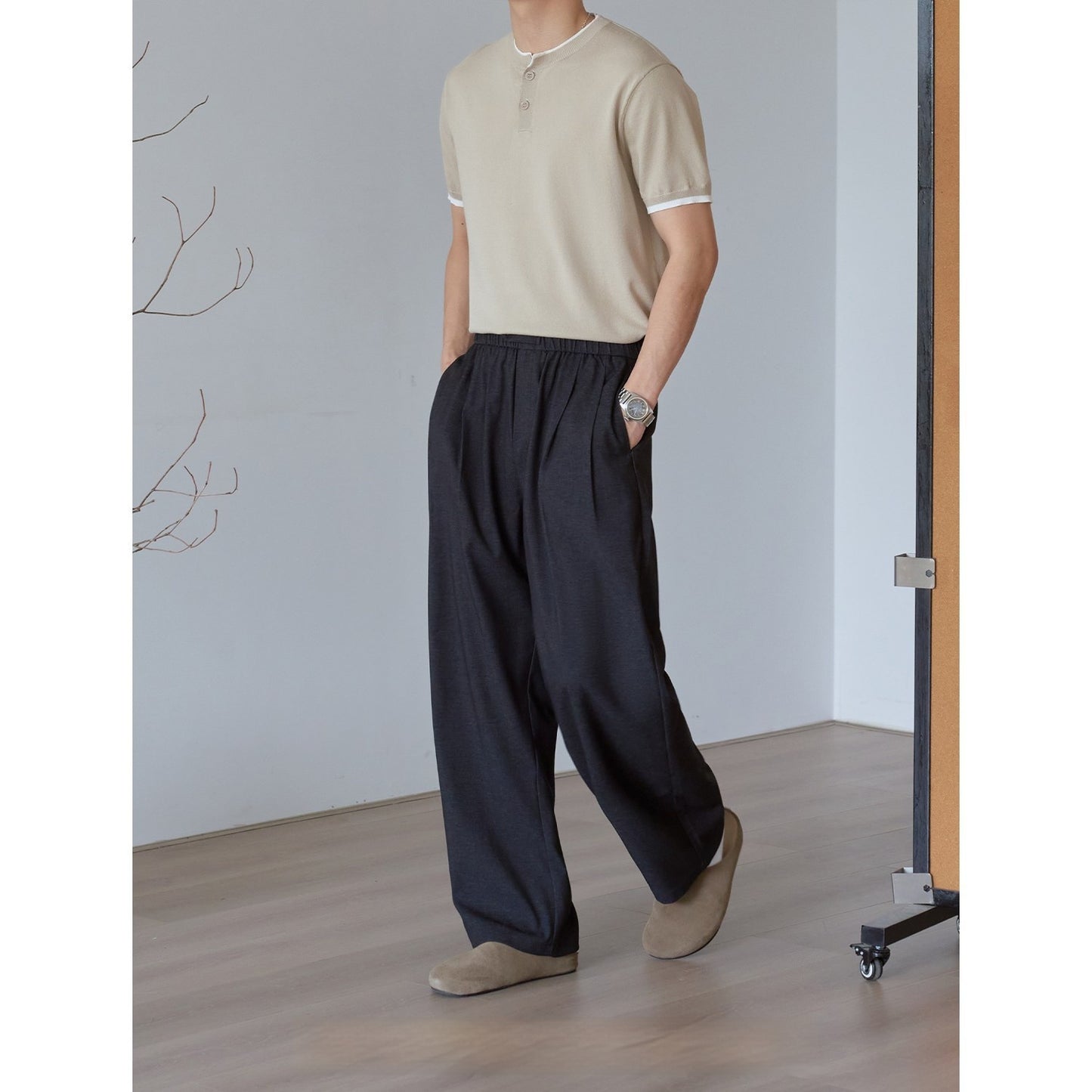 Pantalon décontracté à jambes larges et coupe droite pour homme