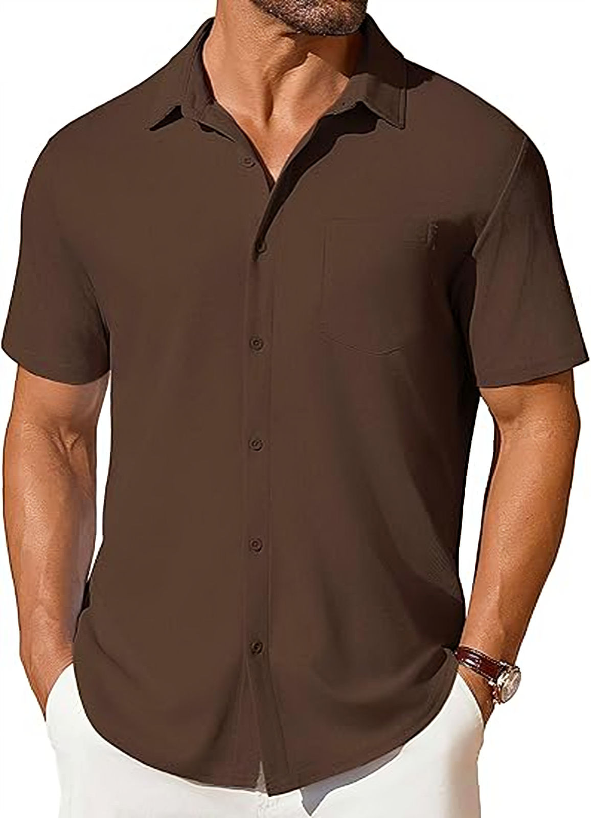 Chemise à manches courtes pour homme, boutonnée, infroissable et indéformable
