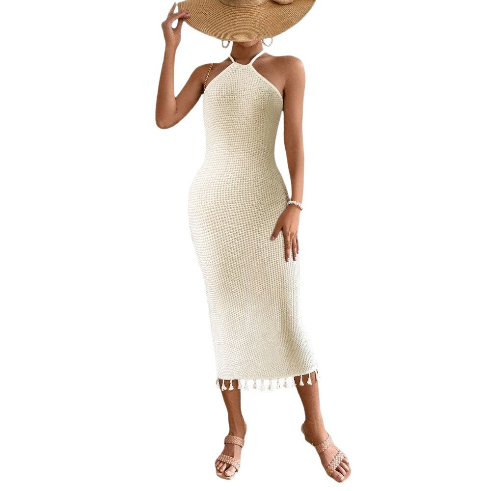 Robe dos nu à lacets et pompons, couleur unie, pour femme