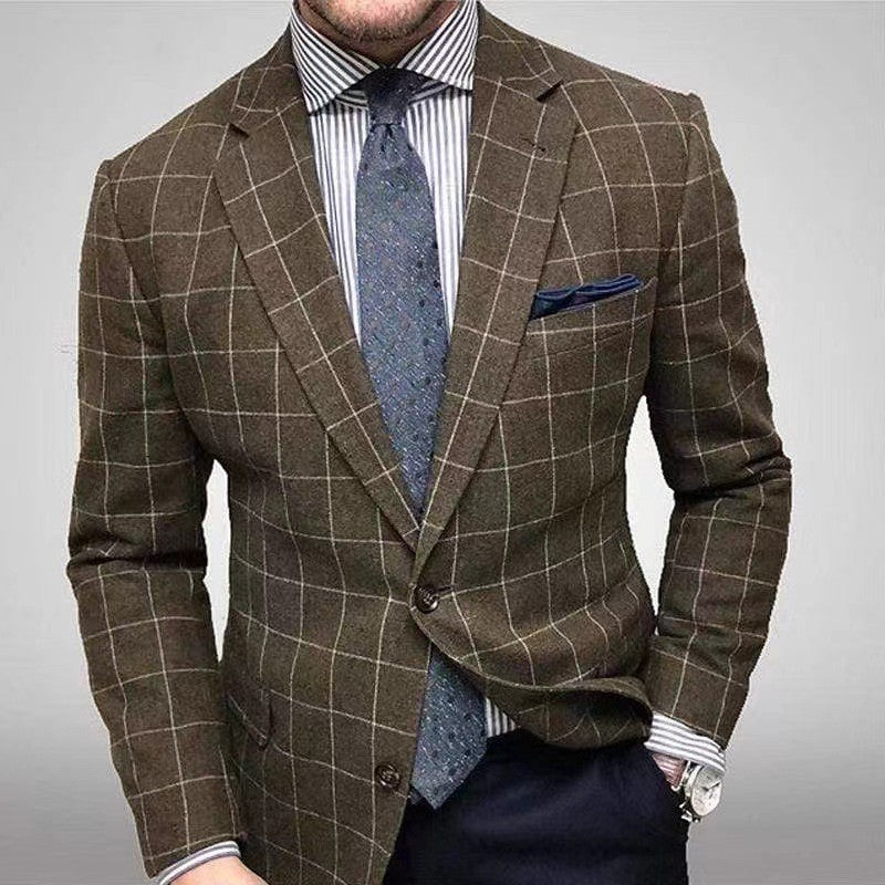 Mens Casual Plaid Slim-fit Suit Jacket