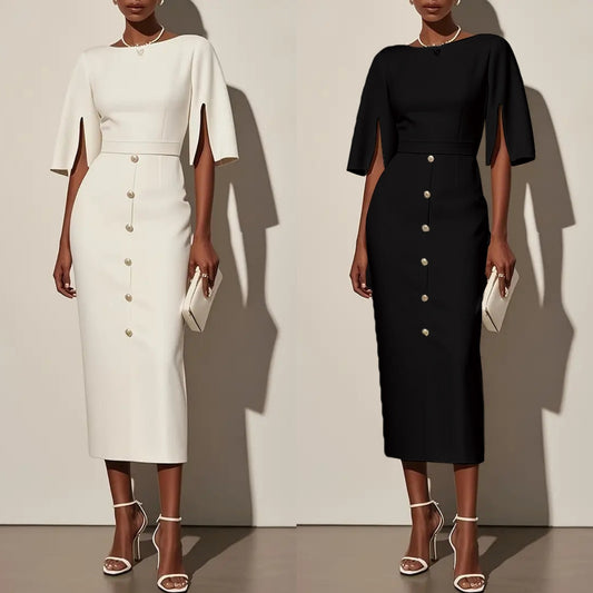 Robe d'été unie à col rond, taille marquée, fente et boutons