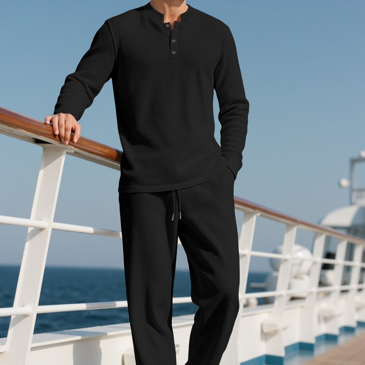 Ensemble pantalon et chemise à manches longues pour homme, couleur unie décontractée, col rond et boutons