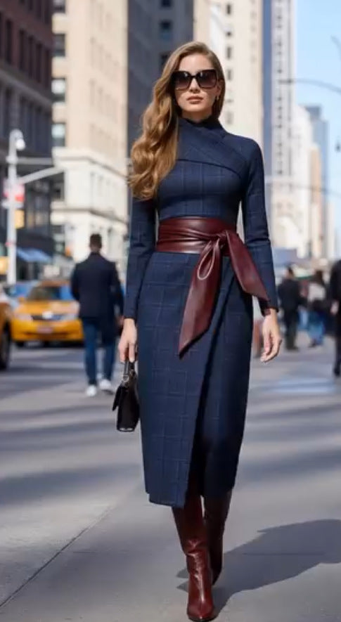 Robe élégante et sophistiquée pour femme, taille large et ceinture.