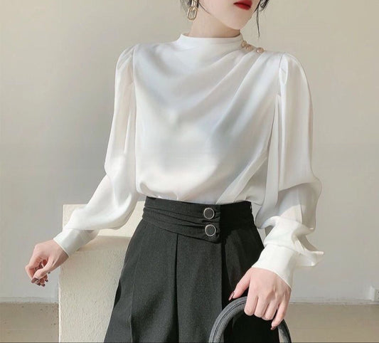 Chemise rétro style hongkongais avec une touche de créateur, haut professionnel en acétate satiné pour l'automne