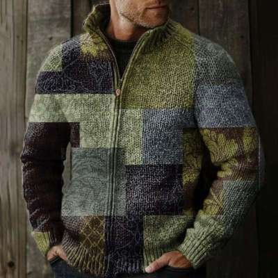 Veste zippée décontractée pour homme, imprimée en 3D et en grosse maille.