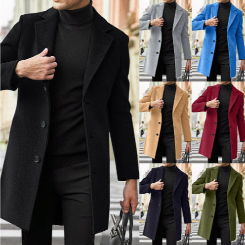 Manteau mi-long en laine à manches longues pour homme, idéal pour l'automne et l'hiver.