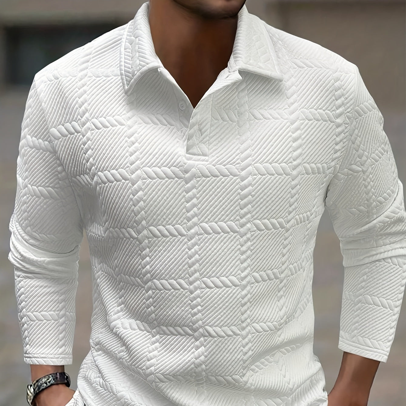 Polo homme uni à manches longues, col boutonné et revers