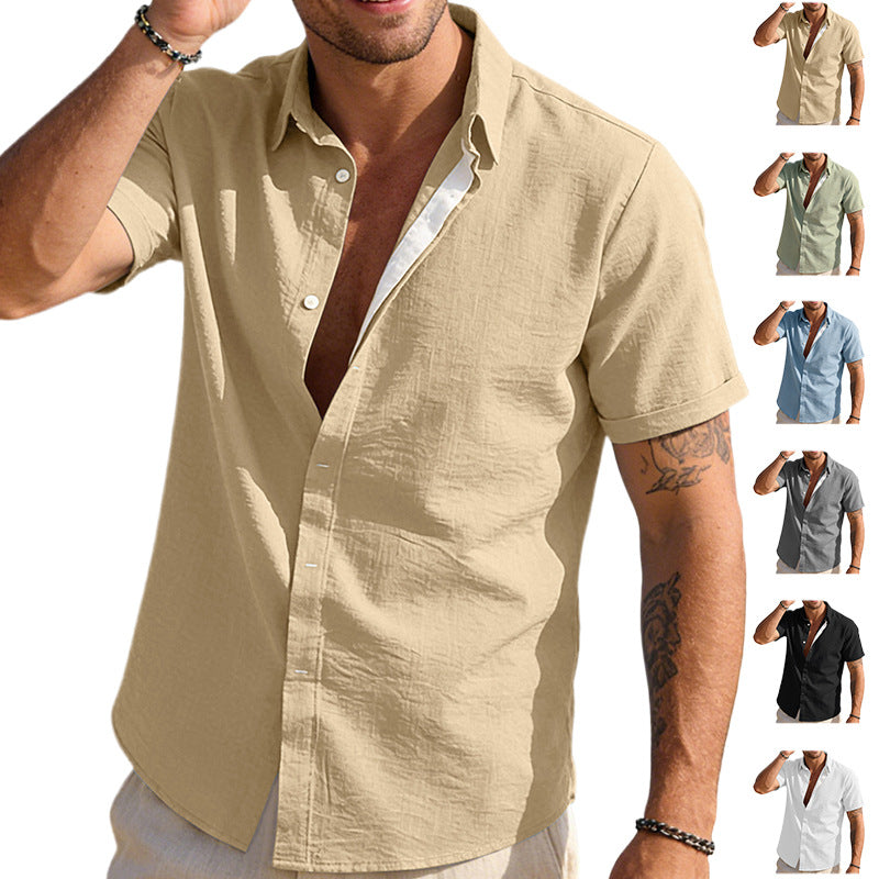 Chemise à revers à manches courtes pour homme, couleur unie