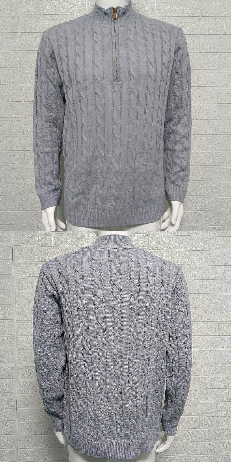 Mens Slim-fit Knitted Zip-up Mock-neck Long-sleeve Sweater