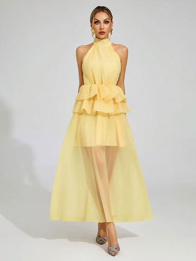 Robe de mariée fluide à volants et col halter