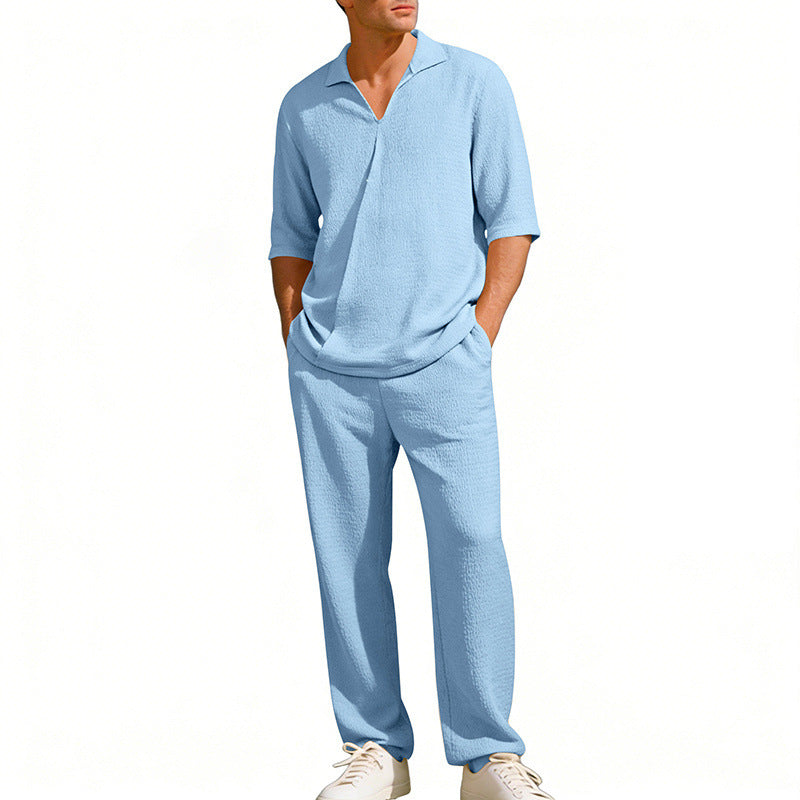 Mens Lapel Short-Sleeve Shirt And Pants Suit