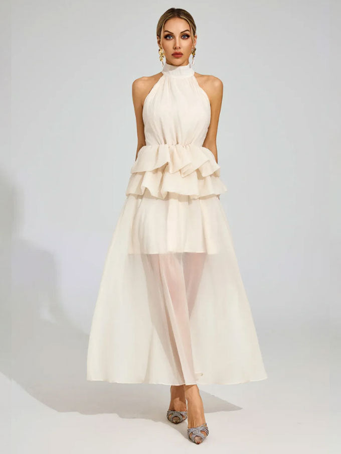 Robe de mariée fluide à volants et col halter