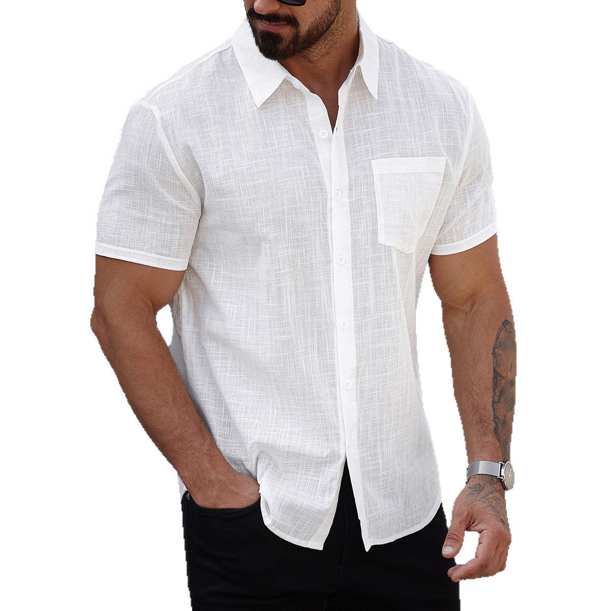 Chemise en coton à manches courtes pour homme avec poche