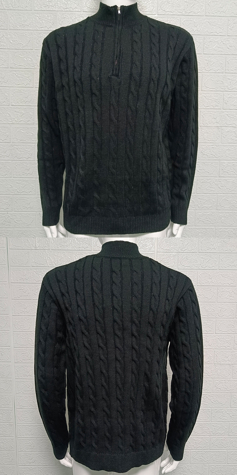 Mens Slim-fit Knitted Zip-up Mock-neck Long-sleeve Sweater