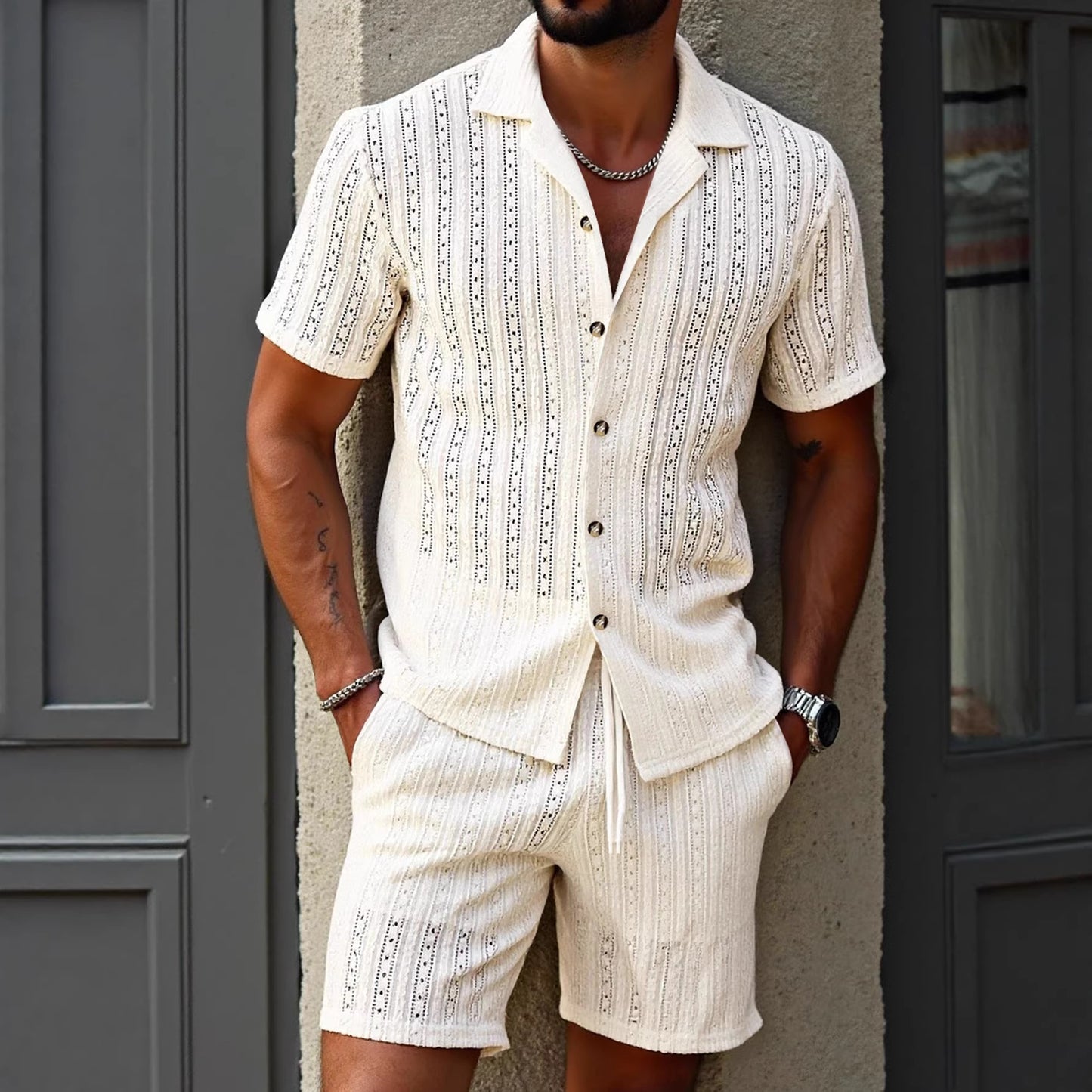 Ensemble chemise à manches courtes et short respirant ajouré pour homme