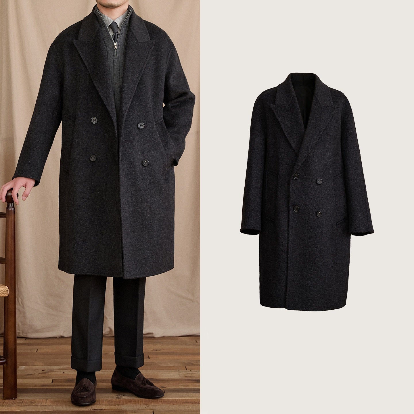 Manteau mi-long ample et décontracté en laine