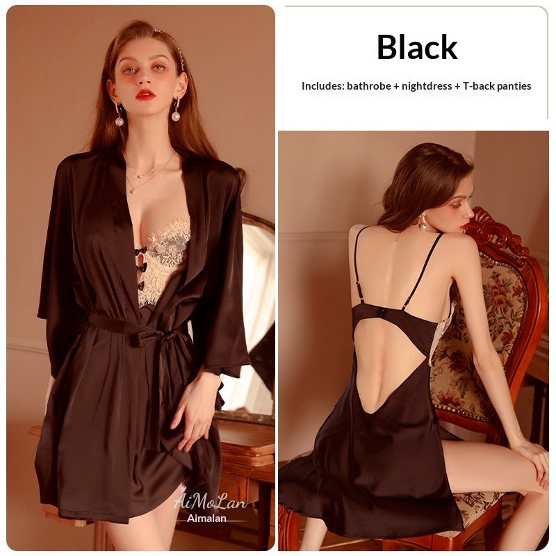 Ensemble peignoir et débardeur à armatures en dentelle et soie glacée pour femmes grandes tailles