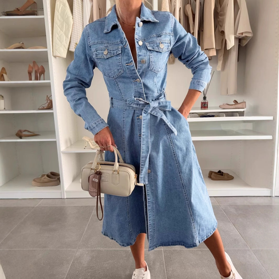 Robe-chemise en jean délavé à manches longues pour femme