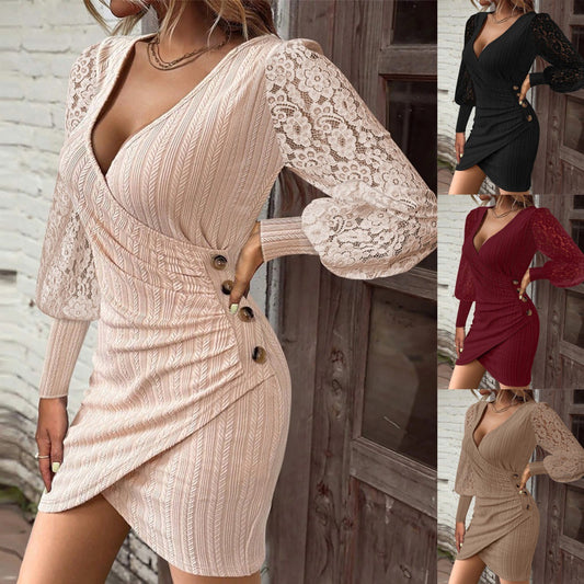 Robe sexy unie d'automne à col en V et coupe ajustée