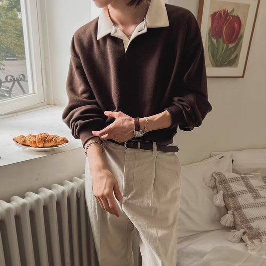 Sweat à capuche rétro à revers color-block pour homme, haut polyvalent à manches longues